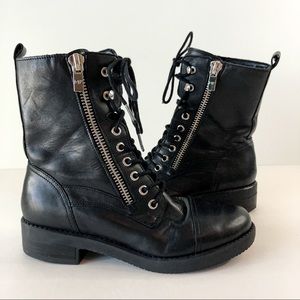 Marc Fisher Lace Up Combat Boots Black Leather 6